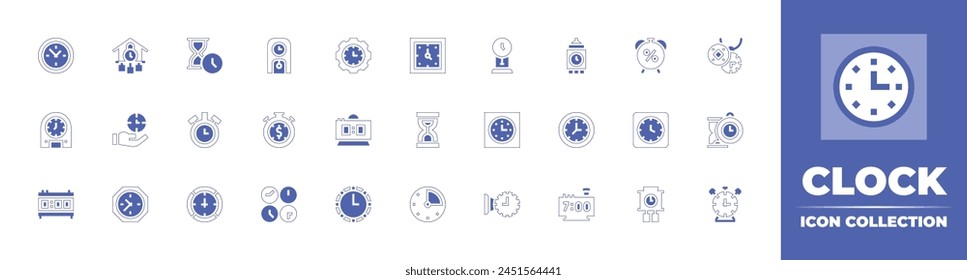 Clock icon collection. Duotone style line stroke and bold. Vector illustration. Containing clock, time management, sand clock, wall clock, minutes, time is money, time, alarm, tower.