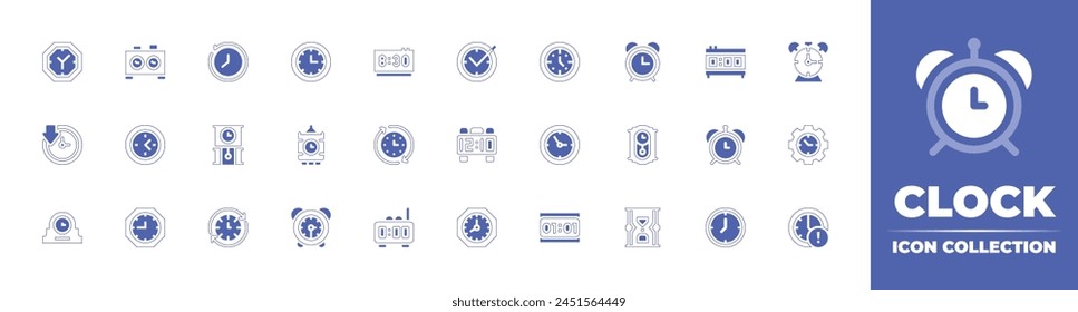 Clock icon collection. Duotone style line stroke and bold. Vector illustration. Containing memories, clock, timing, alarm, big ben, time, down time, digital alarm, wall clock.