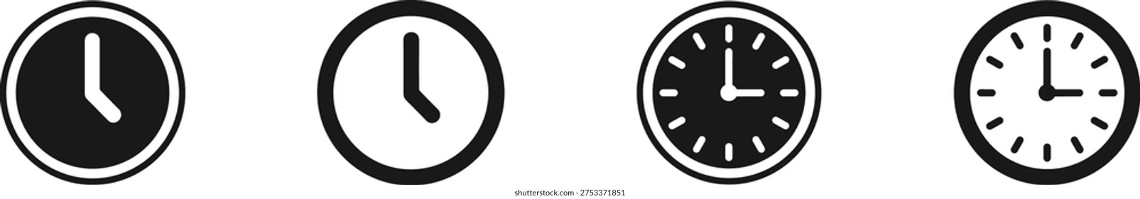 Clock icon collection featuring wall clocks and time symbols representing schedule, deadline and time management concepts. Perfect for business dashboards, productivity tools, office planning, reminders, calendars and digital interface designs.