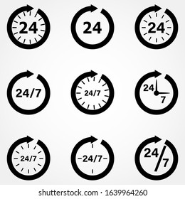 Clock icon collection. Organization work schedule 24 7. Set of pictograms for design, vector illustration.