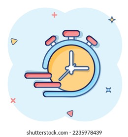 Clock icon in comic style. All day business and service cartoon vector illustration on isolated background. Quick service time splash effect sign business concept.