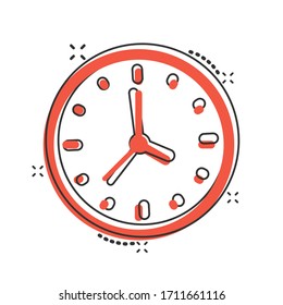 Clock icon in comic style. Watch cartoon vector illustration on white isolated background. Timer splash effect business concept.