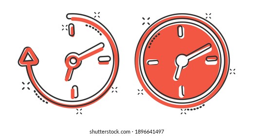 Clock icon in comic style. Watch cartoon vector illustration on white isolated background. Timer splash effect business concept.