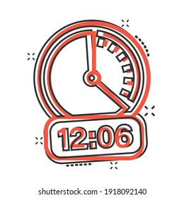 Clock icon in comic style. Watch cartoon vector illustration on white isolated background. Timer splash effect business concept.
