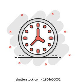 Clock icon in comic style. Watch cartoon vector illustration on white isolated background. Timer splash effect business concept.