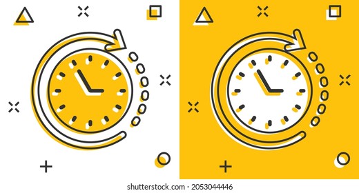 Clock icon in comic style. Watch cartoon vector illustration on white isolated background. Timer splash effect business concept.