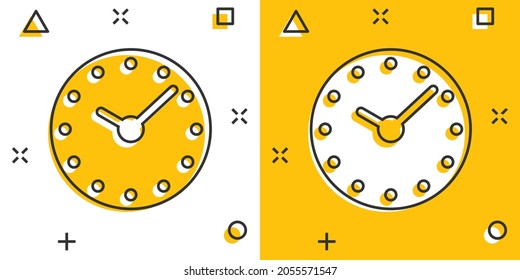 Clock icon in comic style. Watch cartoon vector illustration on white isolated background. Timer splash effect business concept.
