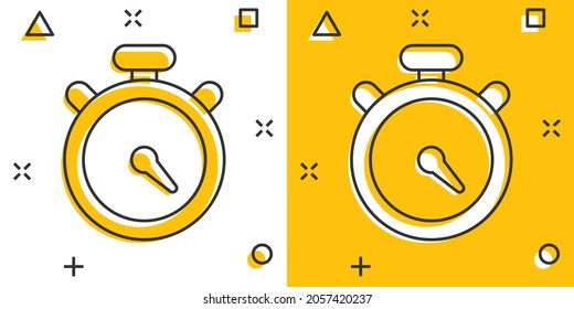 Clock icon in comic style. Watch cartoon vector illustration on white isolated background. Timer splash effect business concept.