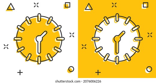 Clock icon in comic style. Watch cartoon vector illustration on white isolated background. Timer splash effect business concept.