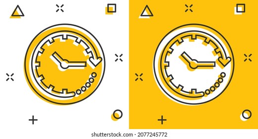 Clock icon in comic style. Watch cartoon vector illustration on white isolated background. Timer splash effect business concept.