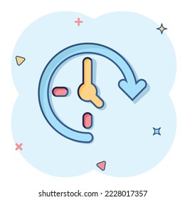 Clock icon in comic style. Watch cartoon vector illustration on white isolated background. Timer splash effect business concept.