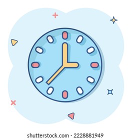 Clock icon in comic style. Watch cartoon vector illustration on white isolated background. Timer splash effect business concept.