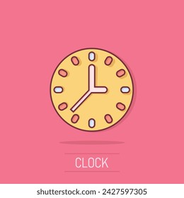 Clock icon in comic style. Watch cartoon vector illustration on isolated background. Timer splash effect business concept.