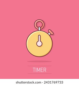 Clock icon in comic style. Watch cartoon vector illustration on isolated background. Timer splash effect business concept.