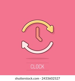 Clock icon in comic style. Watch cartoon vector illustration on isolated background. Timer splash effect business concept.