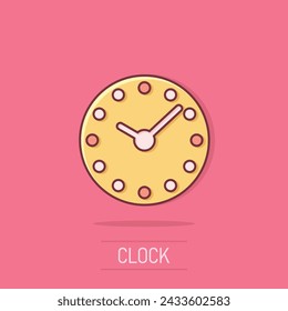 Clock icon in comic style. Watch cartoon vector illustration on isolated background. Timer splash effect business concept.