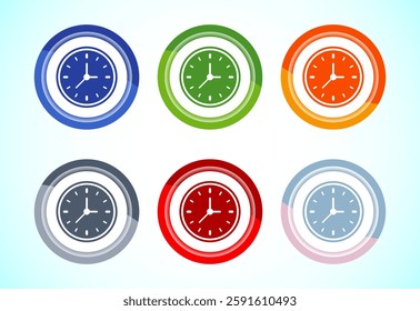 Clock Icon Design Illustration, Watch Icon For Apps and Websites, 6 color button design set 