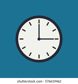 Clock icon design on a blue background.  Circle, badge, symbol, clock sign for website design in flat style. Office clock icon, Time icon.  Vector clock sign, eps10. 