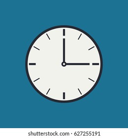 Clock icon design on a blue background, flat style. Time icon, office clock icon. Clock badge, symbol. Circle. Vector illustration, eps10. 