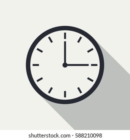 Clock icon design with shadow on a light background, for website design, flat style. Time icon, office clock icon. Three o'clock. Circle clock badge, sign,symbol. Vector illustration, eps10. 