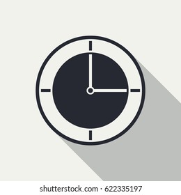 Clock icon design with shadow on a light background, flat style. Time icon, office clock icon. Clock badge, symbol. Circle. Vector illustration, eps10. 