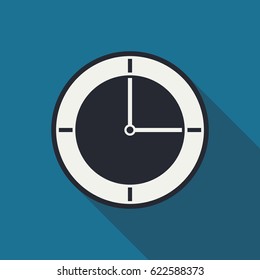 Clock icon design with shadow on a blue background, flat style. Time icon, office clock icon. Clock badge, symbol. Circle. Vector illustration, eps10. 