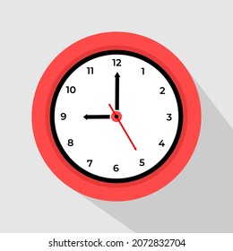 Clock icon design. Vector office clock icon with shadow. Nine o'clock.