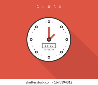 Clock icon designed machine telling the time Vector illustration, flat design, long shadow