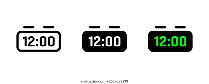 Clock icon. Digital alarm clock with rounded edges and glowing green time display vector illustration. Household electronic device for timekeeping and waking. Modern bedside gadget object.