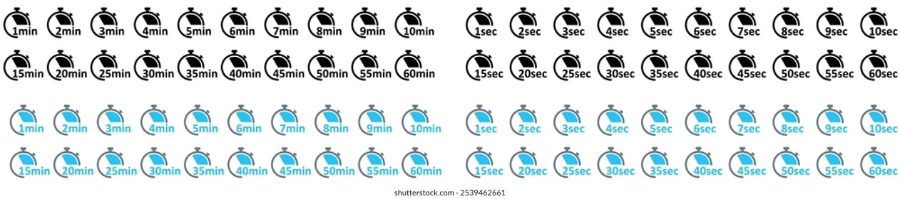 Clock Icon. Digital stopwatch or timer, Countdown from 0 to 60 minute and 0 to 60. Cooking time, holding time, baking, delivery for app. Isolated on white Background.