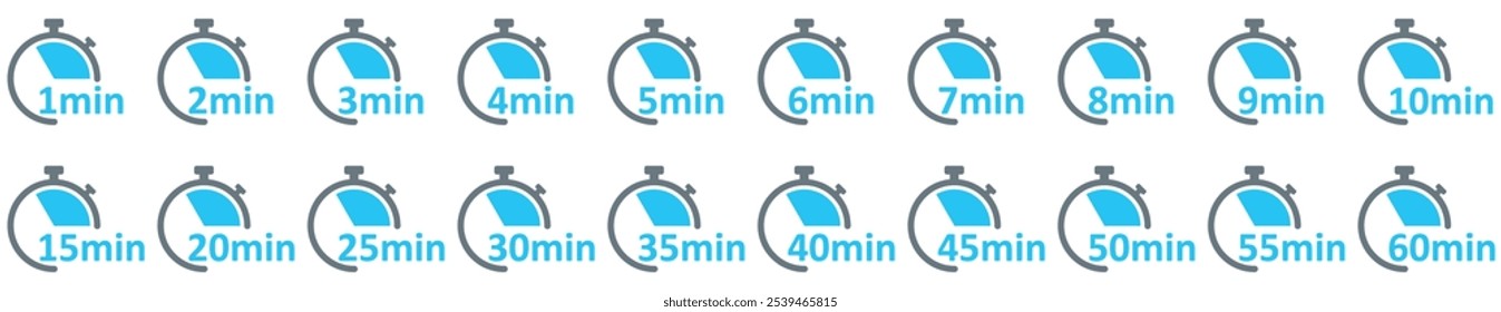 Clock Icon. Digital stopwatch or timer, Countdown from 0 to 60 minute. Cooking time, holding time, baking, delivery for app. Isolated on white Background.