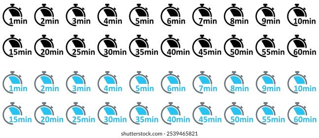 Clock Icon. Digital stopwatch or timer, Countdown from 0 to 60 minute. Cooking time, holding time, baking, delivery for app. Isolated on white Background.