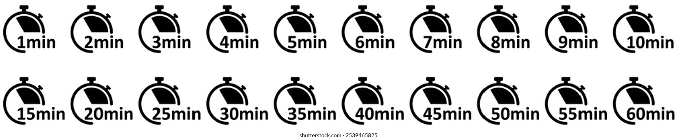 Clock Icon. Digital stopwatch or timer, Countdown from 0 to 60 minute. Cooking time, holding time, baking, delivery for app. Isolated on white Background.