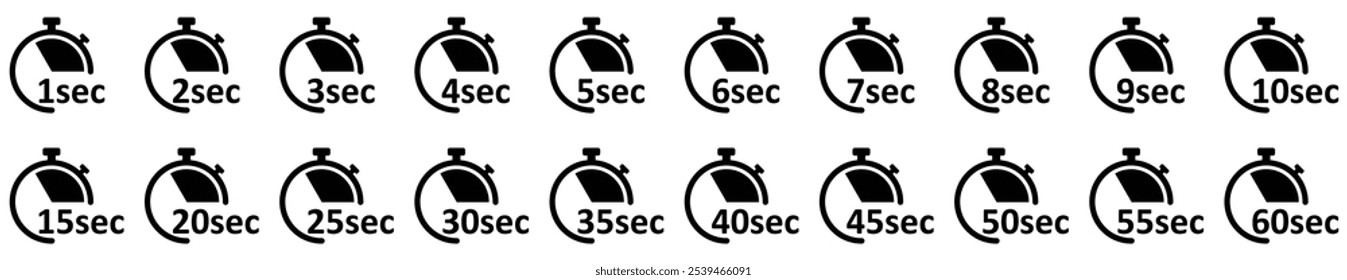 Clock Icon. Digital stopwatch or timer, Countdown from 0 to 60 Sec. Cooking time, holding time, baking, delivery for app. Isolated on white Background.