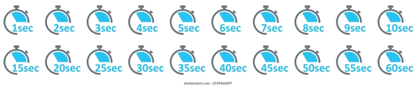 Clock Icon. Digital stopwatch or timer, Countdown from 0 to 60 Sec. Cooking time, holding time, baking, delivery for app. Isolated on white Background.