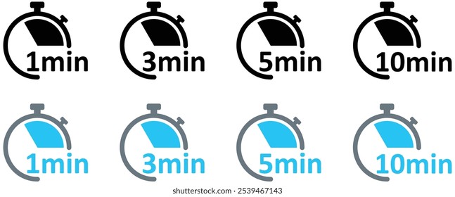 Clock Icon. Digital stopwatch or timer, Countdown from 1, 3, 5, 10 min. Cooking time, holding time, baking, delivery for app. Isolated on white Background.