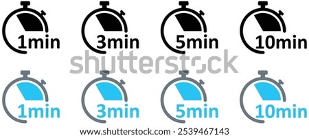 Clock Icon. Digital stopwatch or timer, Countdown from 1, 3, 5, 10 min. Cooking time, holding time, baking, delivery for app. Isolated on white Background.