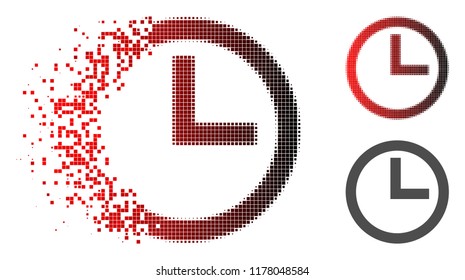 Clock icon in dispersed, dotted halftone and undamaged whole variants. Elements are combined into vector disappearing clock icon.