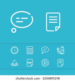 Clock icon with document, healthy food and play editable symbols. Set of file, water, milk icons and chatting concept. Editable vector elements for logo app UI design.