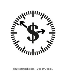 Icono del reloj. Manos de signo de dólar. Blanco y negro. Ilustración vectorial.