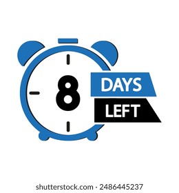 Clock icon. Eight days left. Blue and black. Vector illustration.