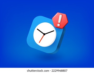 Clock icon with exclamation point pictogram. Vector 3d illustration