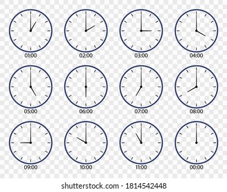 Clock icon. Face of watch on wall. Set of different clocks for time. Line icons of hour and minute with morning, noon, afternoon, evening, midnight oclock. 12 hour in day. Symbol of countdown. Vector.