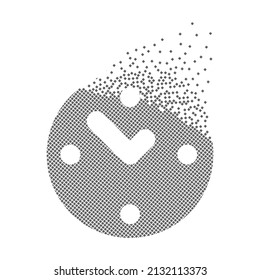 Clock icon fast pixel dots. Round clock and time-minute pixel art. Dissolved and dispersed moving dot art. Integrative pixel movement. Modern icon creative ports.