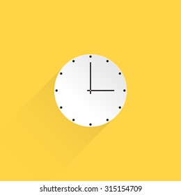 Clock icon with flat design and long shadow on yellow background, vector illustration