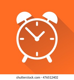 Clock icon, flat design. Vector illustration with long shadow on orange background.