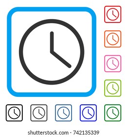 Clock icon. Flat grey pictogram symbol inside a light blue rounded rectangular frame. Black, gray, green, blue, red, orange color variants of Clock vector. Designed for web and software interfaces.