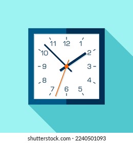 Clock icon in flat style, blue timer with numbers on turquoise background. Business watch. Volume vector design element for you project