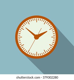 Clock icon, flat style. Long shadow. Vector illustration. Clock. Picture hours. Watch for wall mounting. Image hours. Digital Watch. Dial hours. Clock hands. The clock shows the time. Hours minutes.