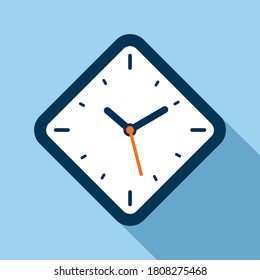 Clock icon in flat style, rhombus timer on blue background. Business watch. Vector design element for you project